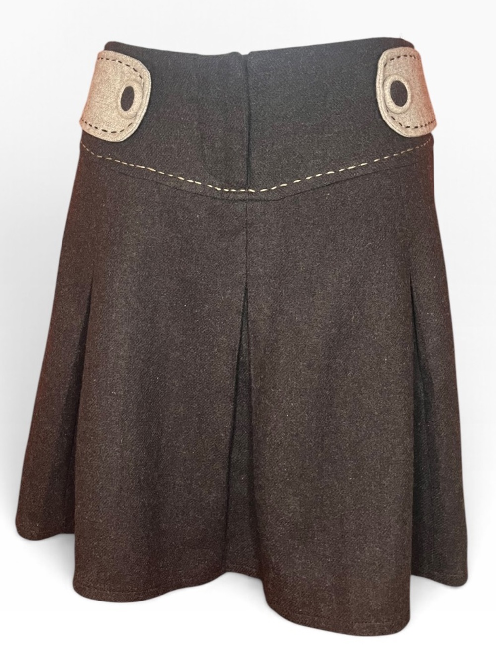 hazel Wool Blend Brown A-Line Skirt with Contrast Tan Waist Tabs